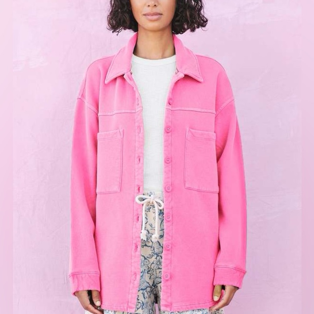NWT Anthropologie Sundry Oversized Fleece Shirt size M in Hot Pink - Picture 3 of 8